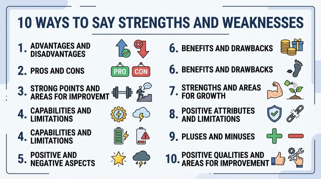 10 alternatives to say strengths and weaknesses including pros and cons and advantages and disadvantages