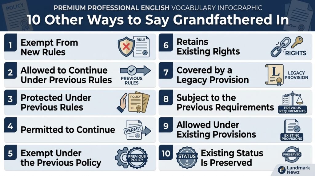 10 alternatives to grandfathered in including exempt from new rules and retains existing rights