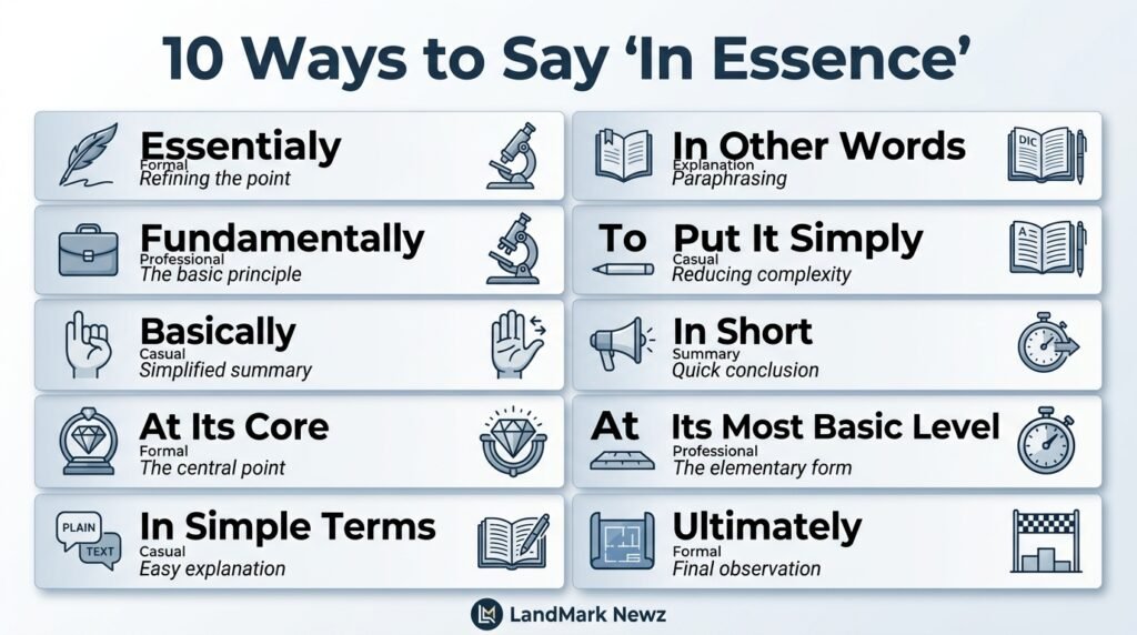 10 alternatives to in essence including essentially, fundamentally, basically, and at its core
