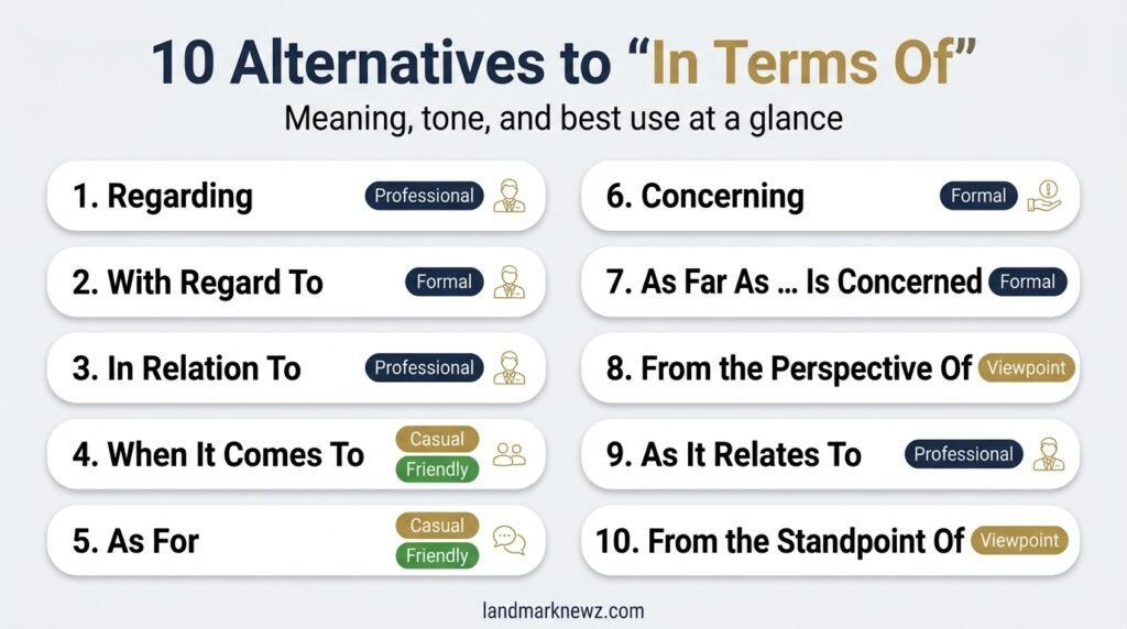 10 alternatives to in terms of with their tone and best use