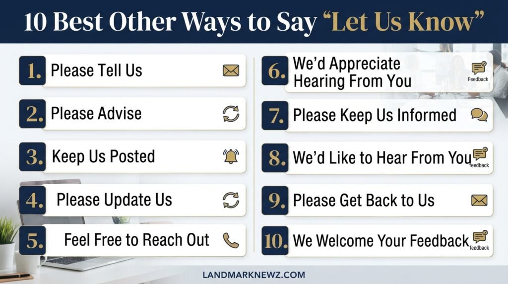 10 alternatives to let us know including please advise, keep us posted, and please update us