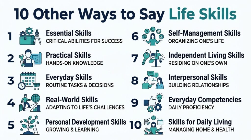 Infographic listing 10 alternatives to life skills including essential skills, practical skills, and real-world skills