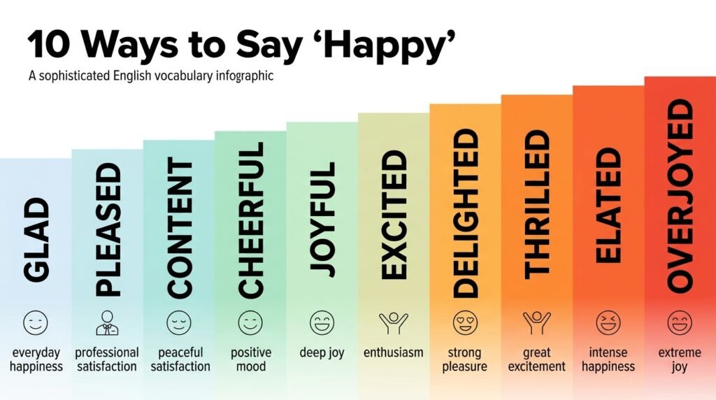 10 synonyms for happy arranged from calm satisfaction to intense joy