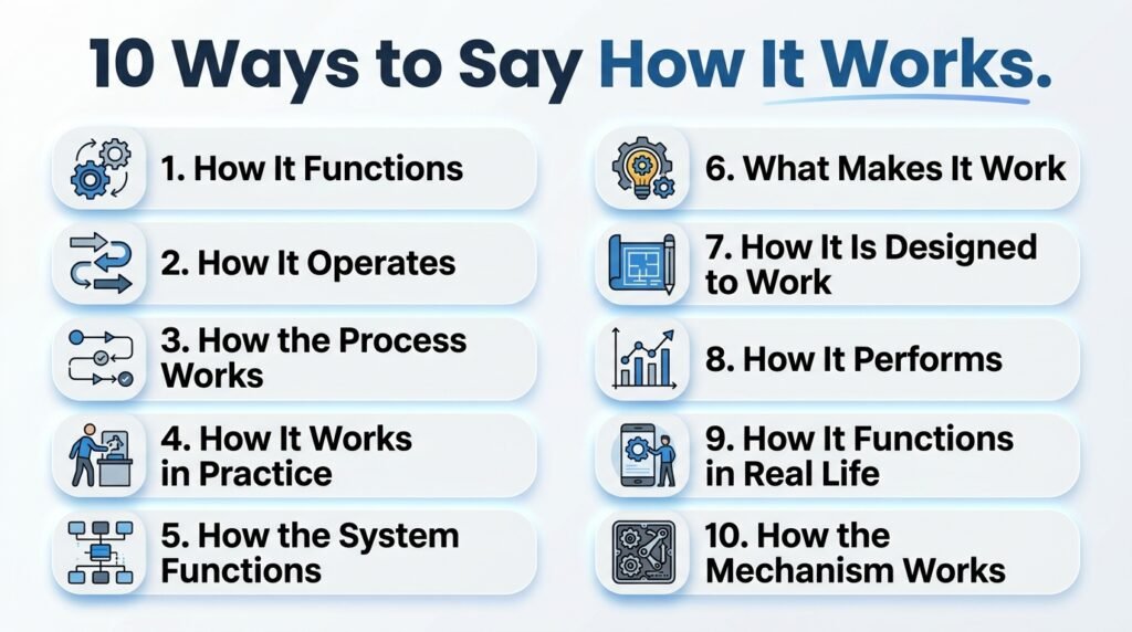 10 alternatives for how it works in English