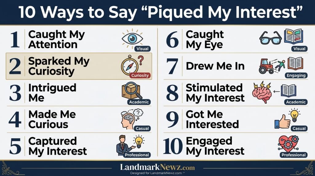10 alternatives to say piqued my interest including caught my attention, sparked my curiosity, and intrigued me