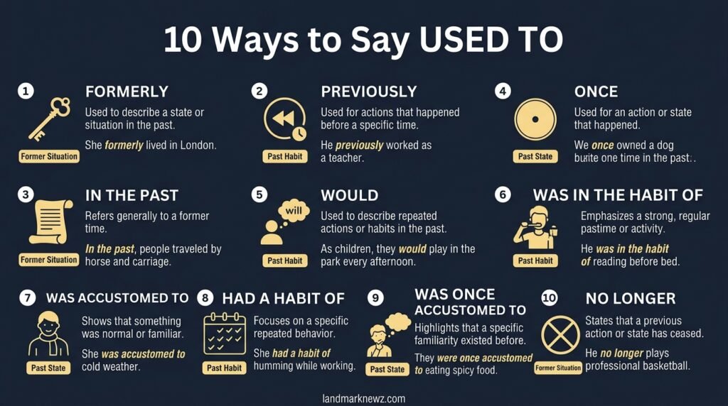 10 alternatives to say used to, including formerly, previously, once, and in the past
