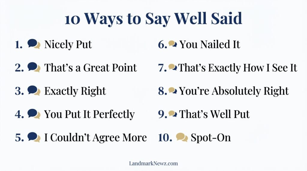 10 alternatives to well said including nicely put and that’s a great point
