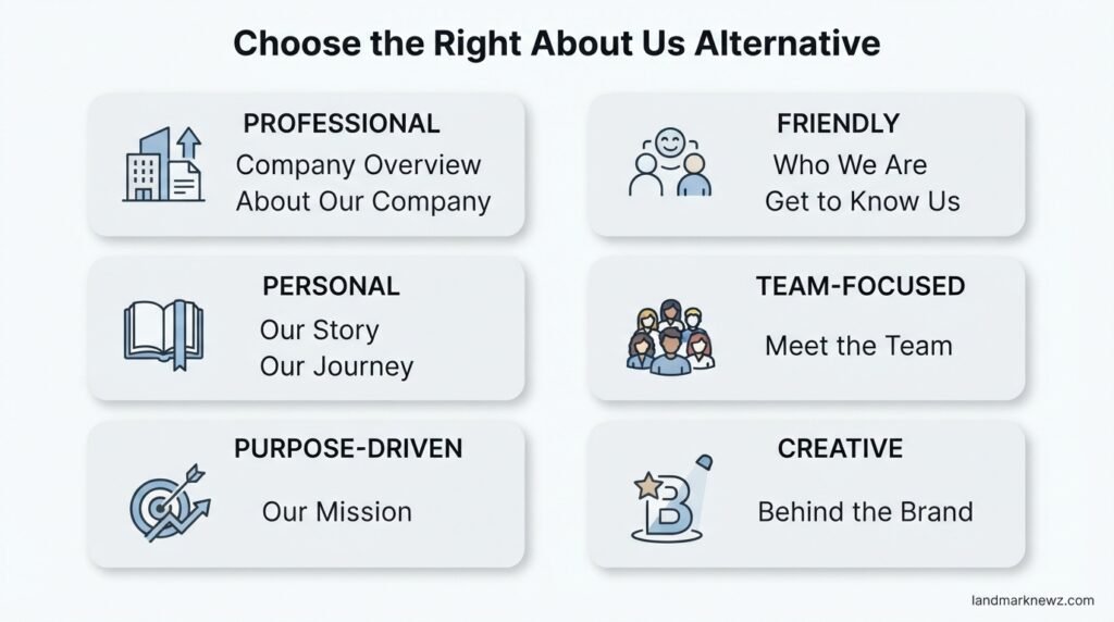 About Us alternatives organized by professional friendly personal and creative tone