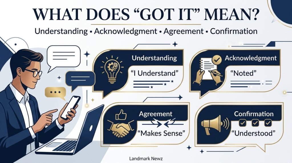 Meaning of got it showing understanding, acknowledgment, agreement, and confirmation