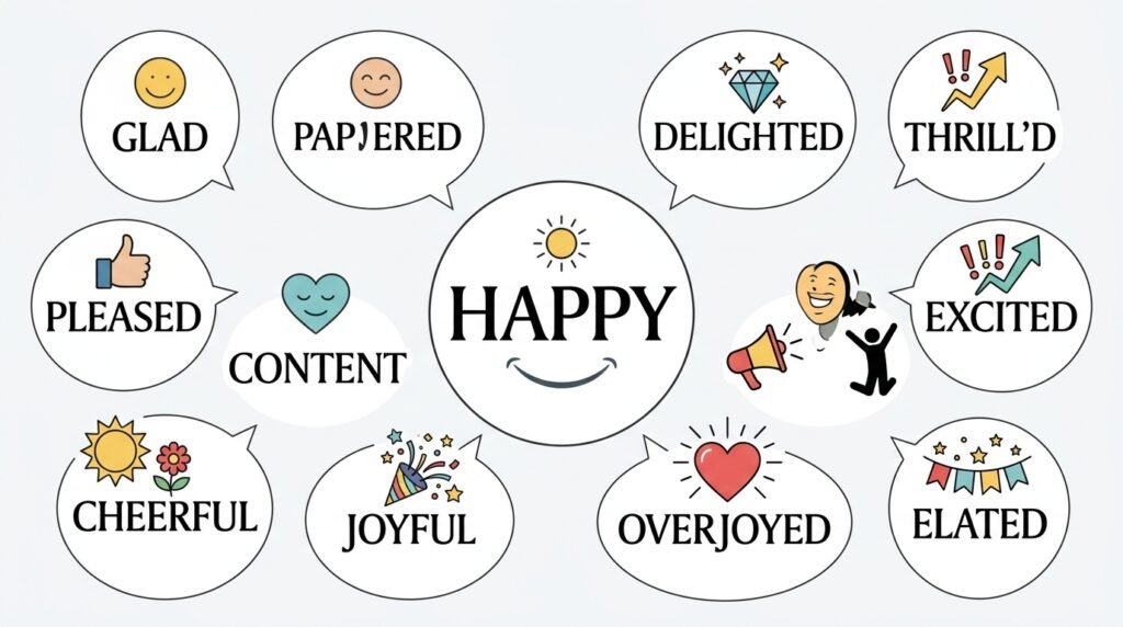 Infographic showing synonyms for happy from glad and pleased to thrilled and overjoyed