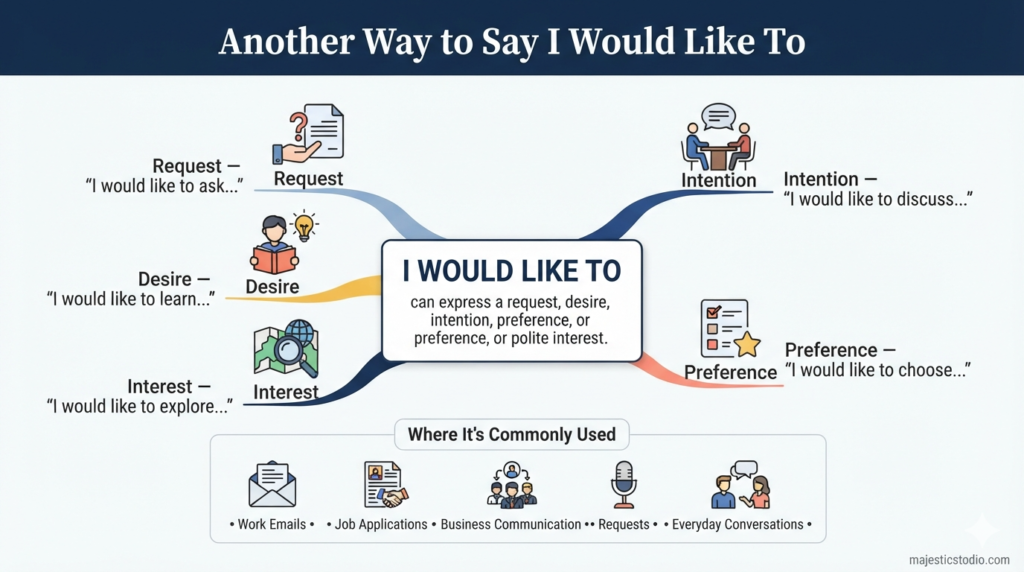 Another way to say I would like to meaning and usage in professional English