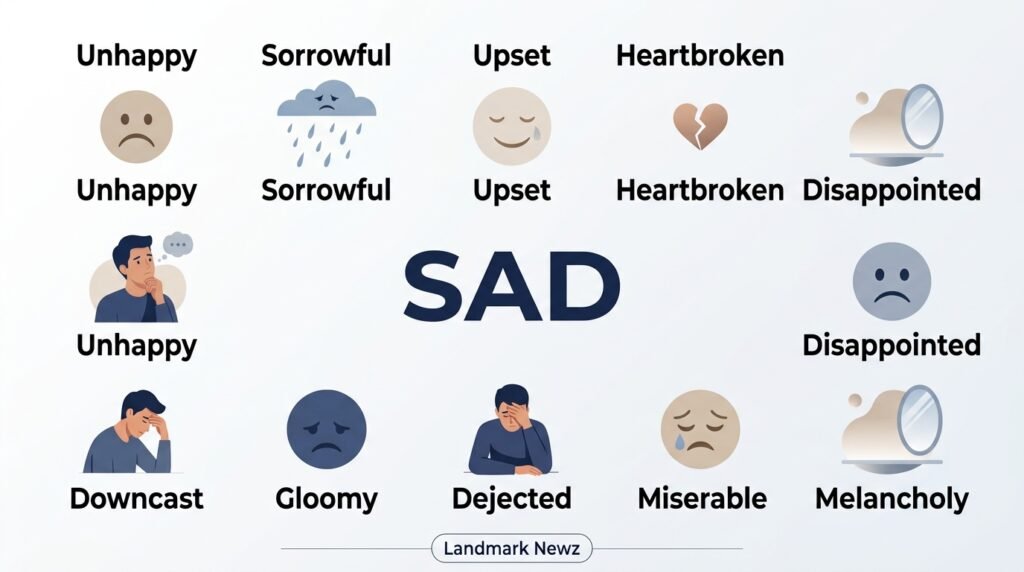 Another way to say sad infographic showing 10 synonyms including unhappy, sorrowful, upset, and heartbroken
