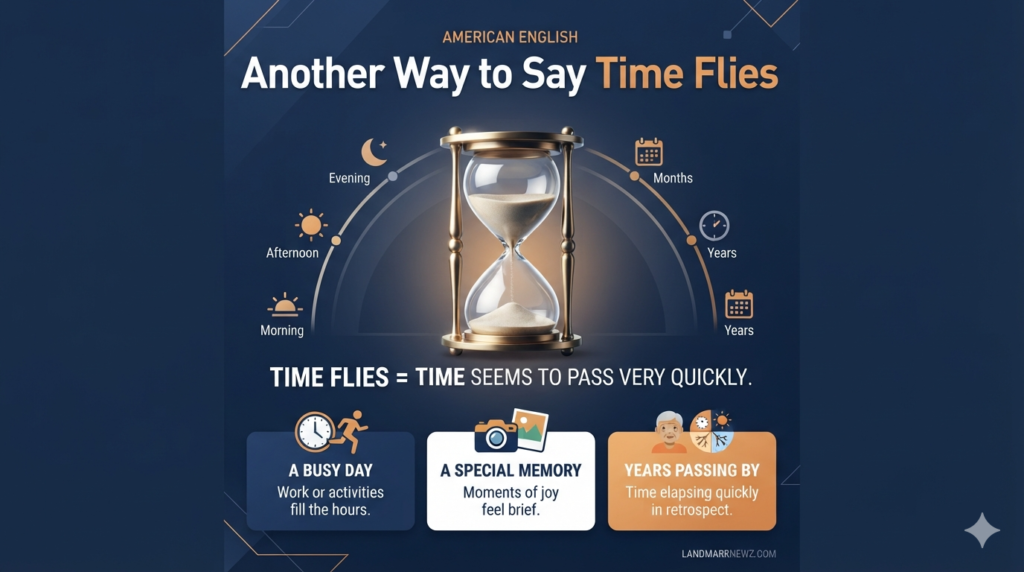Another way to say time flies meaning shown with a fast-moving hourglass