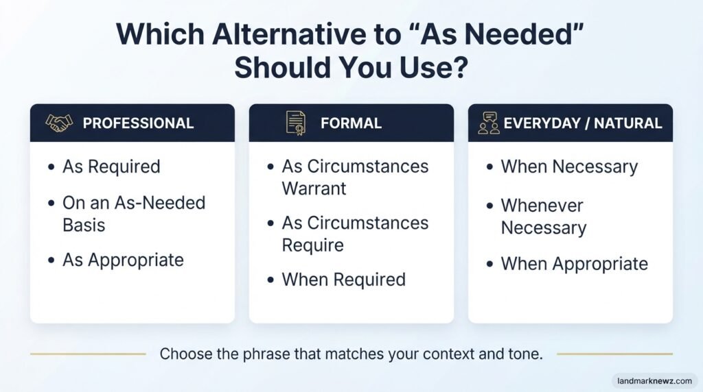 Professional formal and casual alternatives to as needed compared by tone