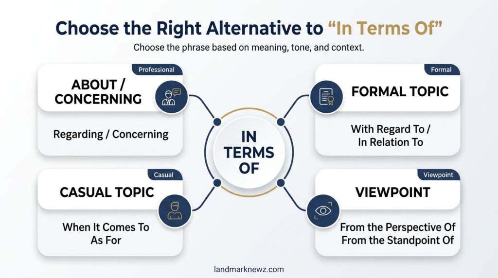 Decision tree showing alternatives to in terms of based on meaning and tone