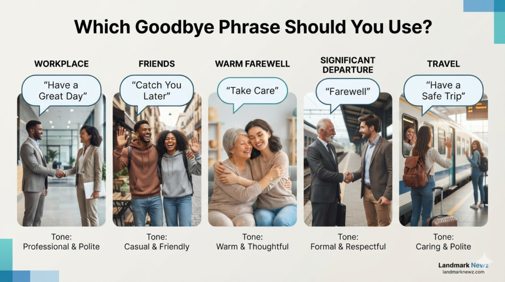 Choose the right goodbye phrase for work, friends, farewell, and travel situations