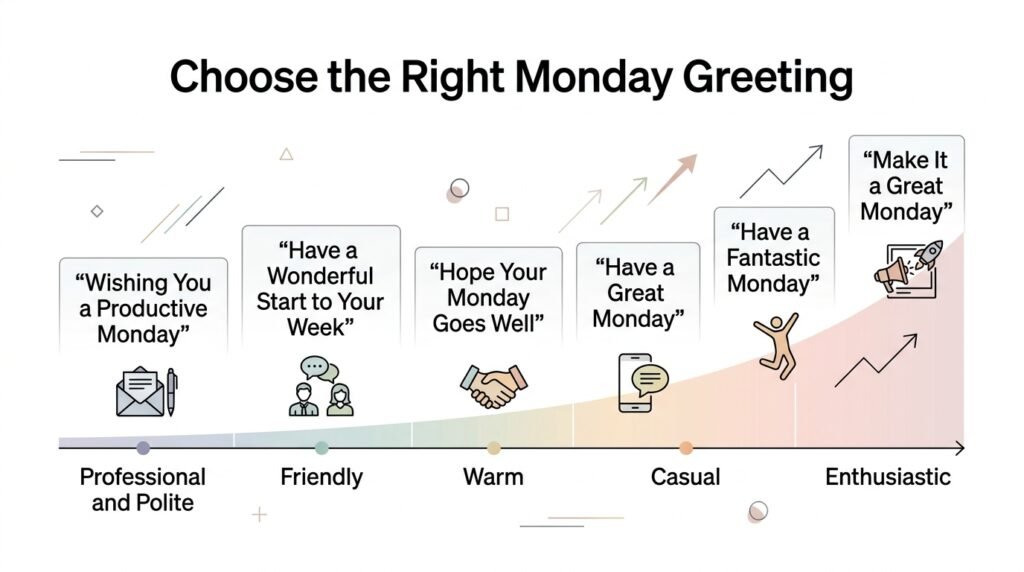 Monday greeting tone guide showing professional, friendly, warm, and casual phrases