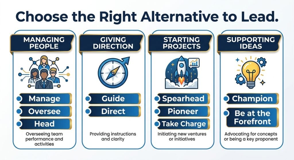 comparison of synonyms for lead by context including manage guide spearhead and champion