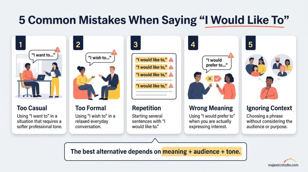 Common mistakes when using alternatives to I would like to in professional English