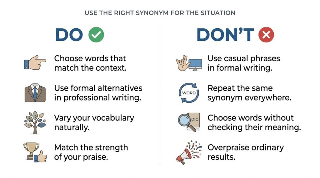 Do and don't guide for using synonyms for excellent correctly