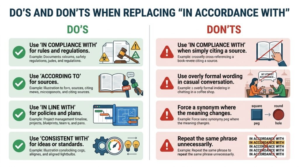 Dos and don’ts for using alternatives to in accordance with correctly