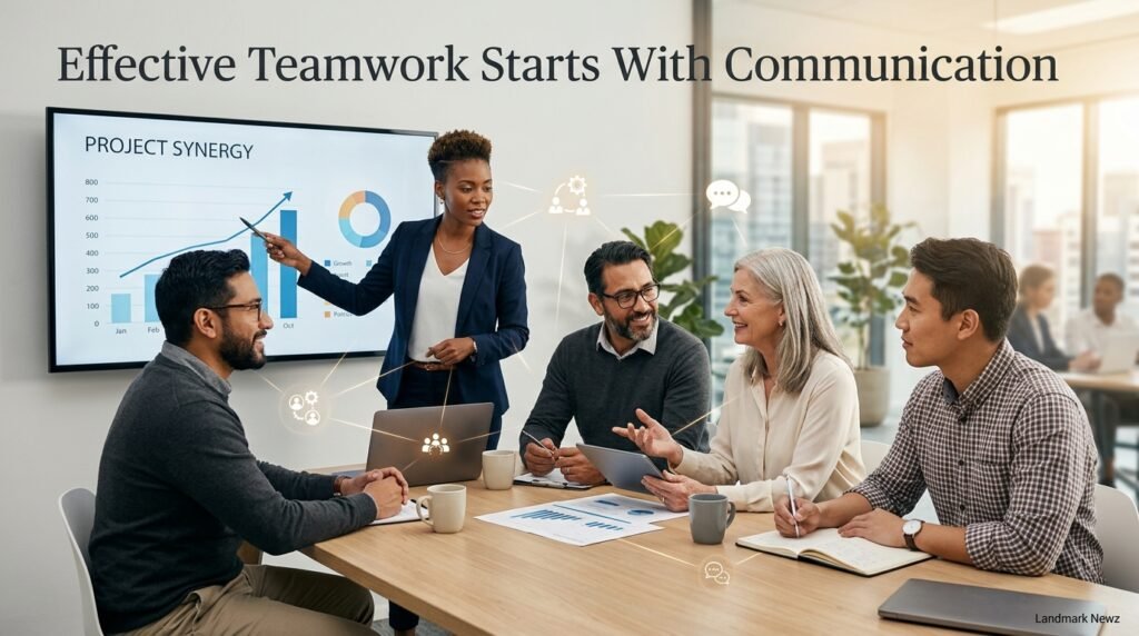 Professionals collaborating through effective teamwork and workplace communication