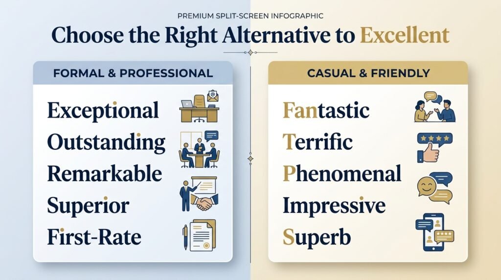 Formal and casual alternatives to excellent for different situations