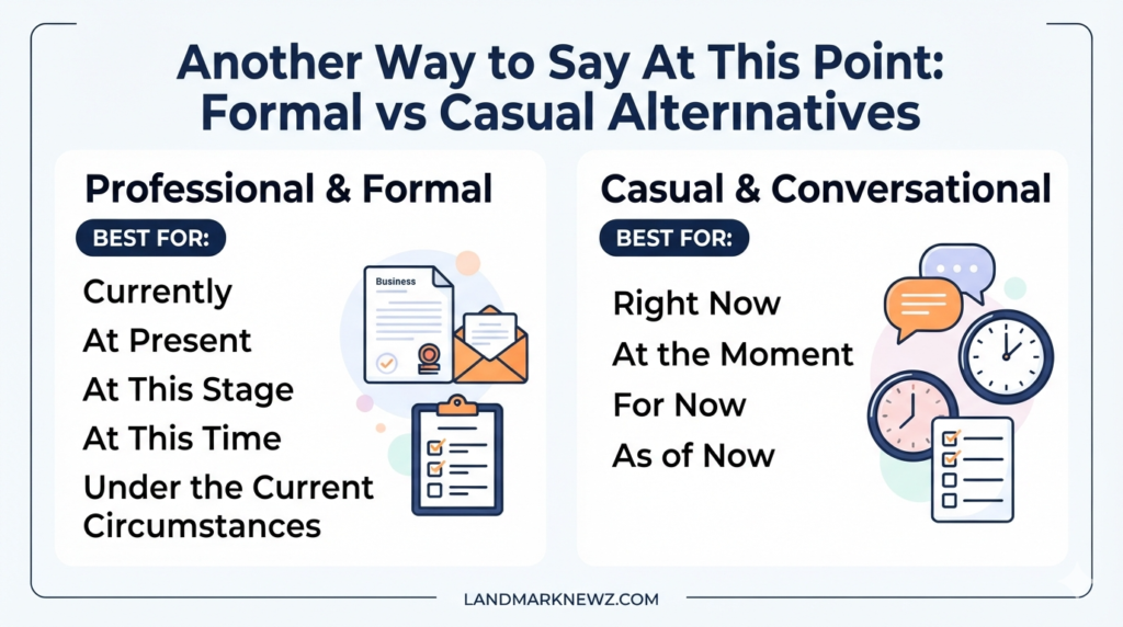 Formal and casual alternatives to say at this point