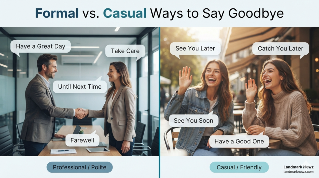 10 ways to say goodbye including see you later, take care, farewell, and until next time