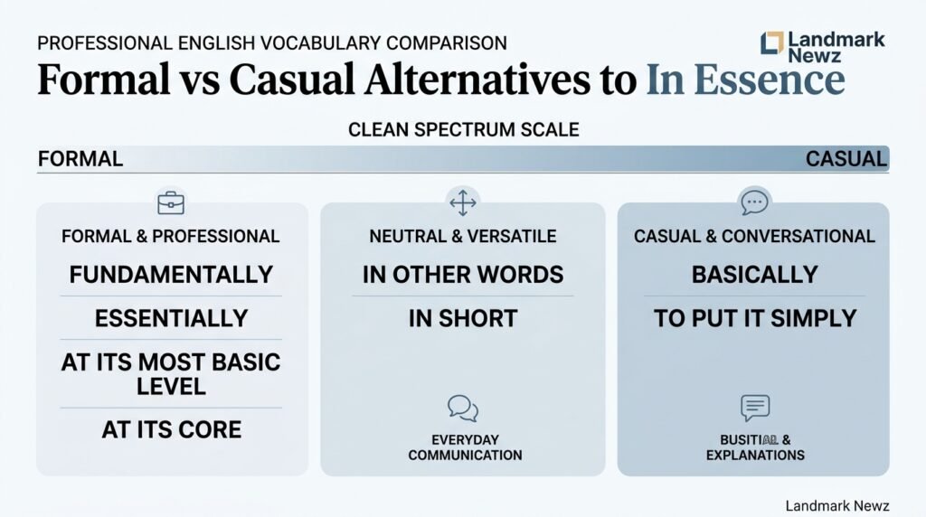 Formal and casual alternatives to in essence compared by tone and usage