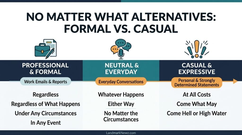 Formal and casual alternatives to no matter what compared by tone