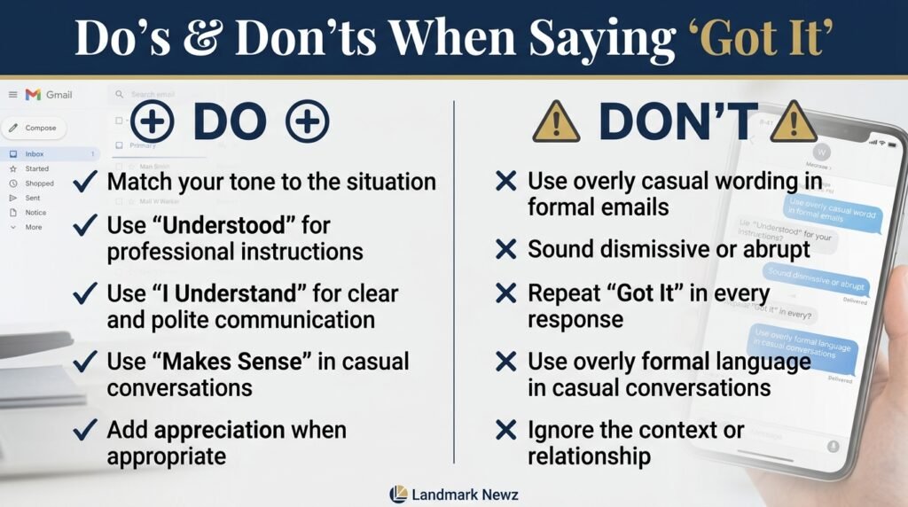 Dos and don'ts for using alternatives to got it in professional and casual communication