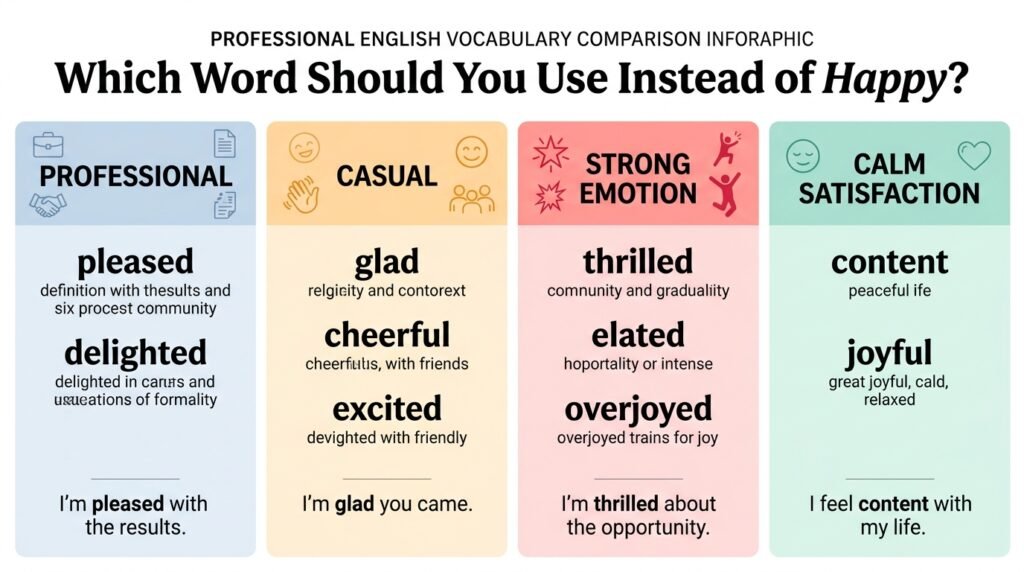 Comparison of happy synonyms for professional, casual, emotional, and calm situations
