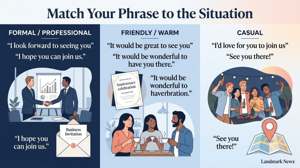 Comparison of formal friendly and casual ways to say hope to see you there