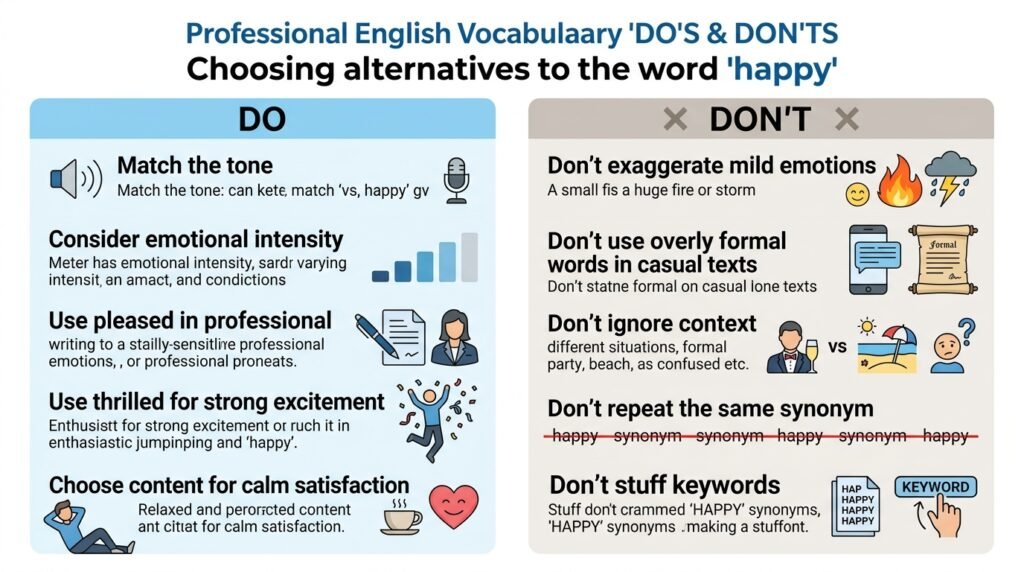 Dos and don'ts for choosing the right alternative to happy in English