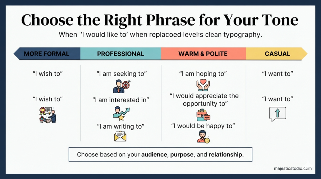 I would like to alternatives compared by formal professional and casual tone