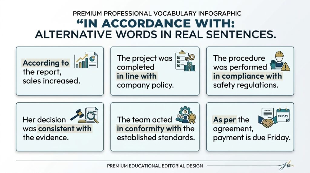 Examples of synonyms for in accordance with used in professional sentences