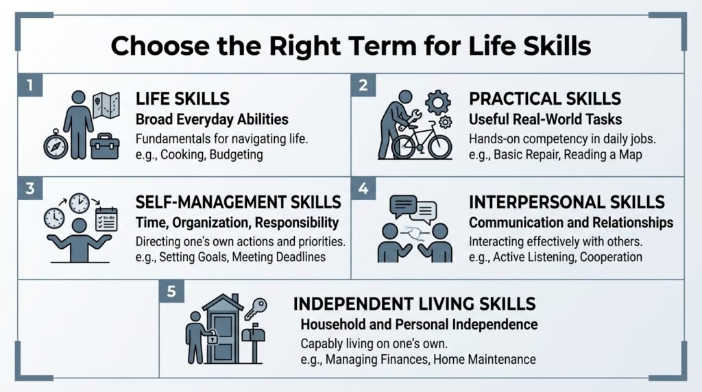 Comparison chart showing when to use life skills, practical skills, self-management skills, and interpersonal skills