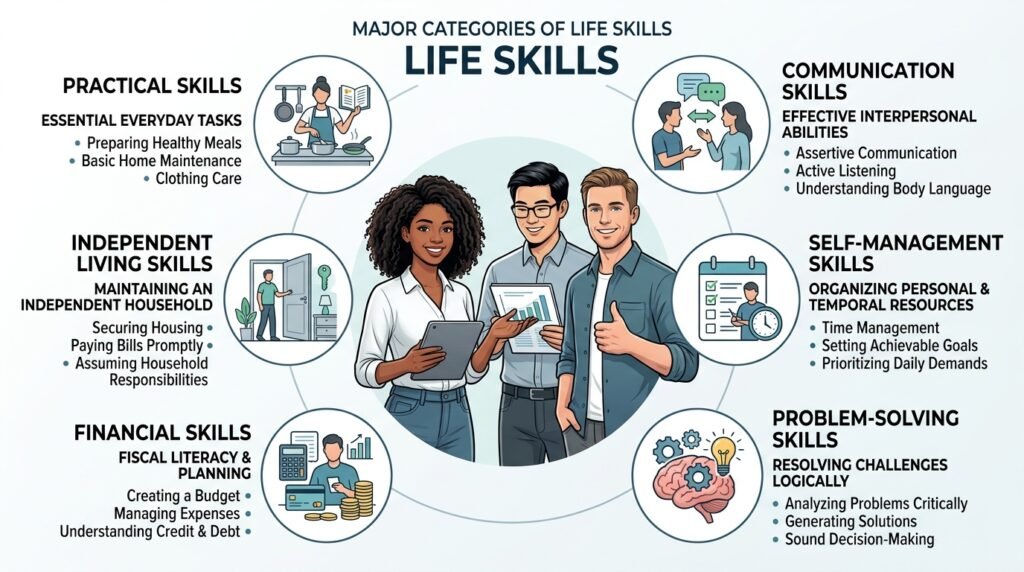 Infographic showing major categories of life skills including practical, communication, self-management, and independent living skills