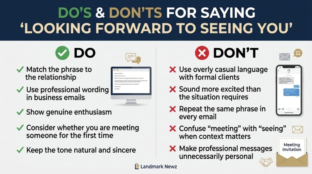 Dos and don'ts for using looking forward to seeing you in professional and casual messages