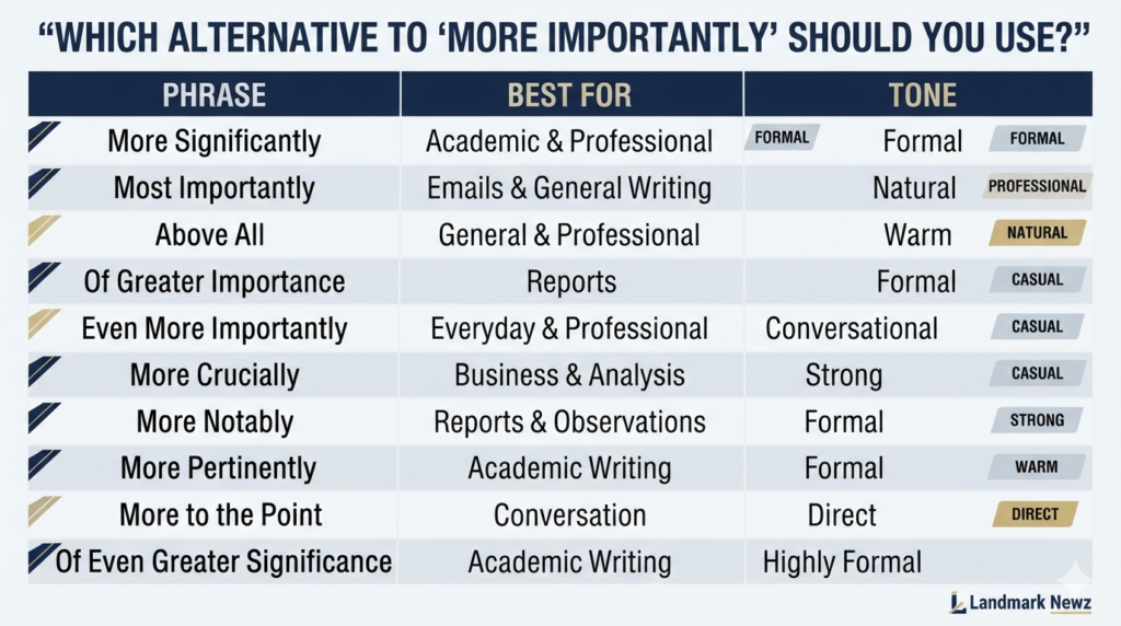 Comparison of formal and casual alternatives to more importantly