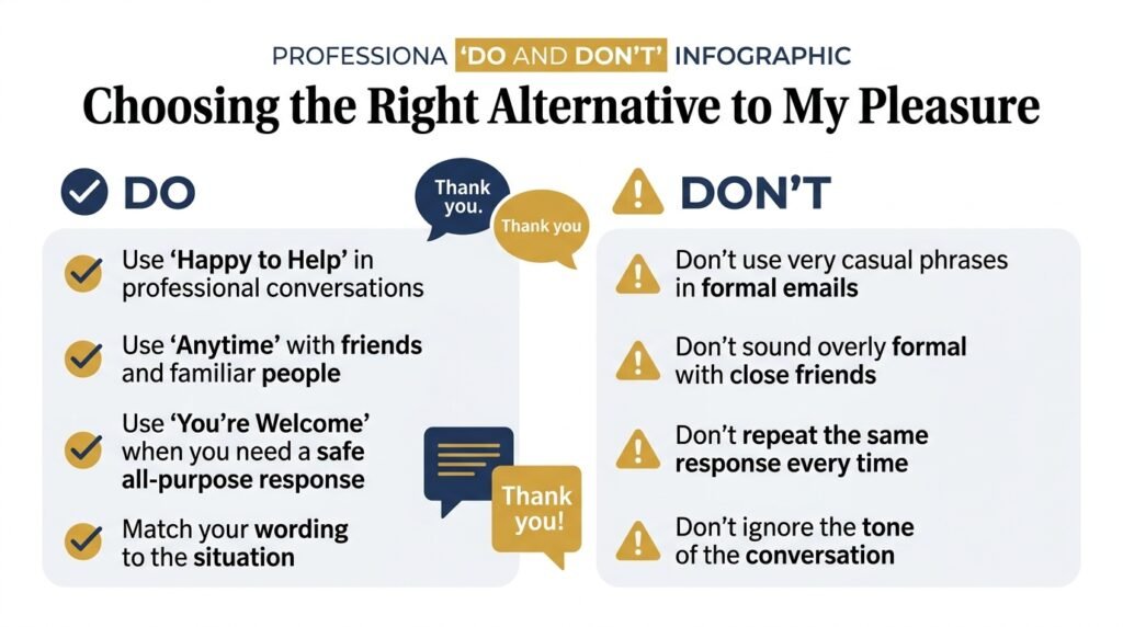 Dos and don’ts for choosing alternatives to “my pleasure”