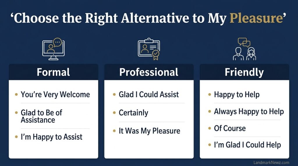 Comparison of formal professional and friendly alternatives to my pleasure