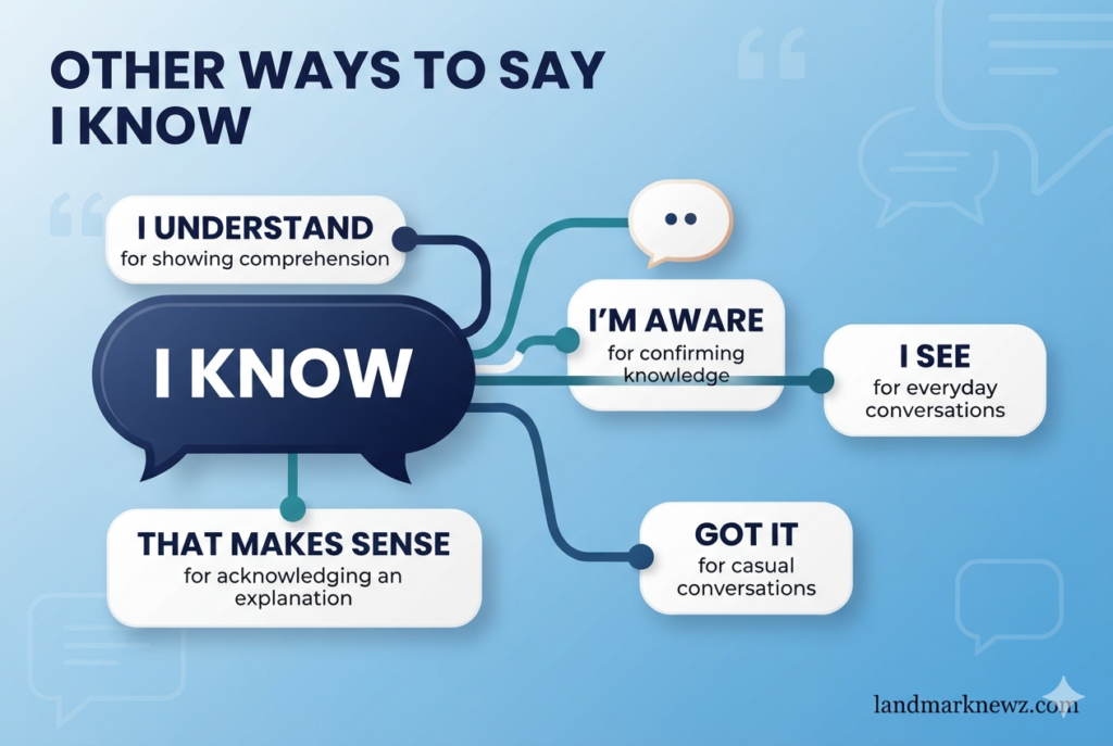 Other ways to say I know including I understand, I’m aware, I see, and got it
