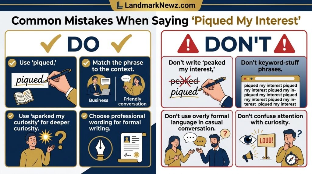 Do and don't infographic showing common mistakes with the phrase piqued my interest