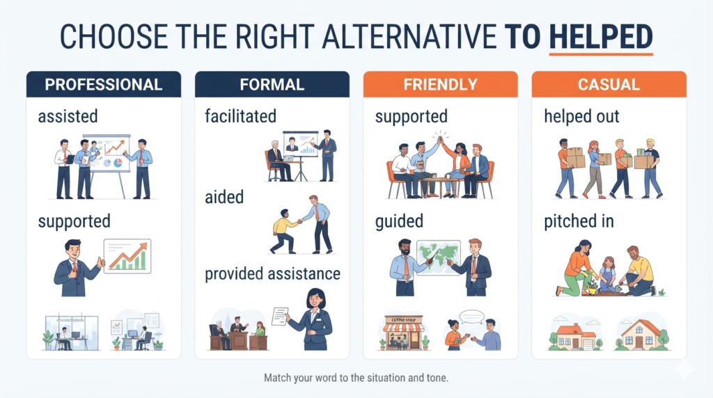 Professional formal friendly and casual alternatives to helped by tone