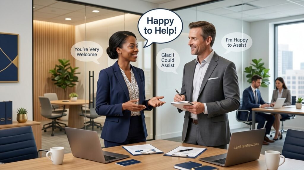 Professional employee responding to thank you in a workplace conversation