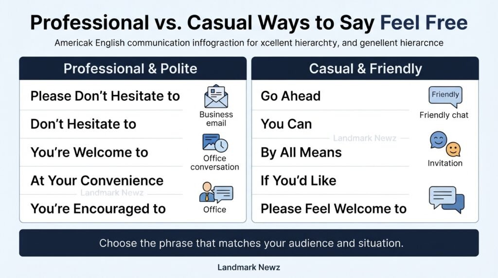 Professional and casual alternatives to feel free compared by tone