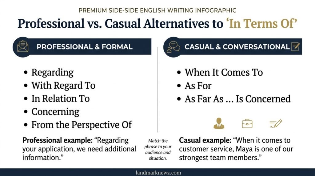 Professional and casual alternatives to in terms of with example sentences