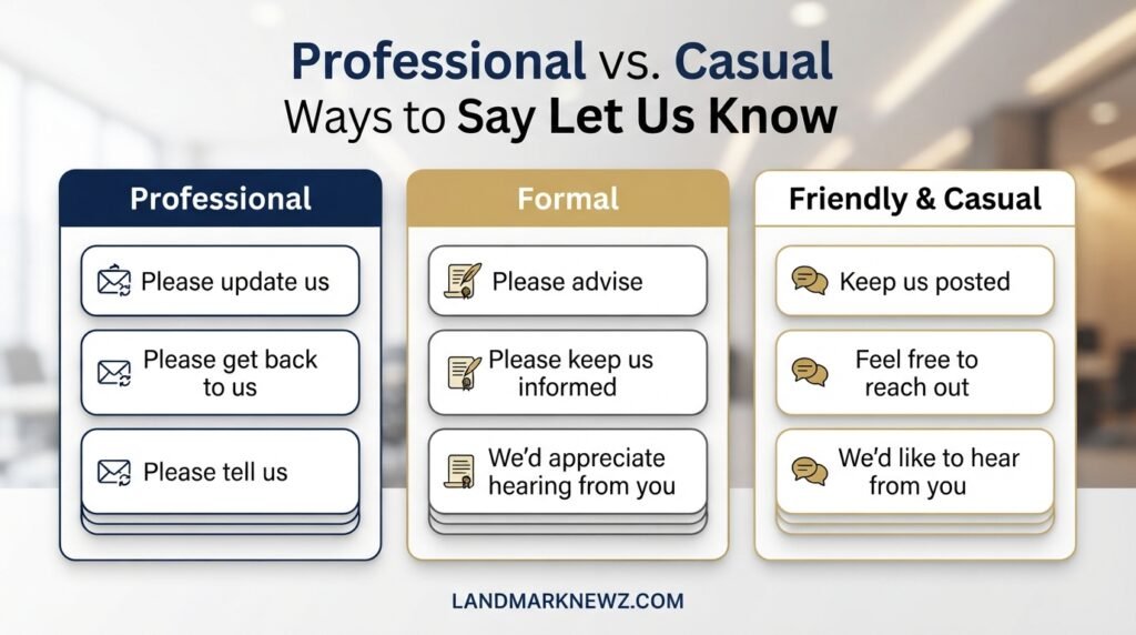 Professional, formal, and casual alternatives to let us know comparison infographic